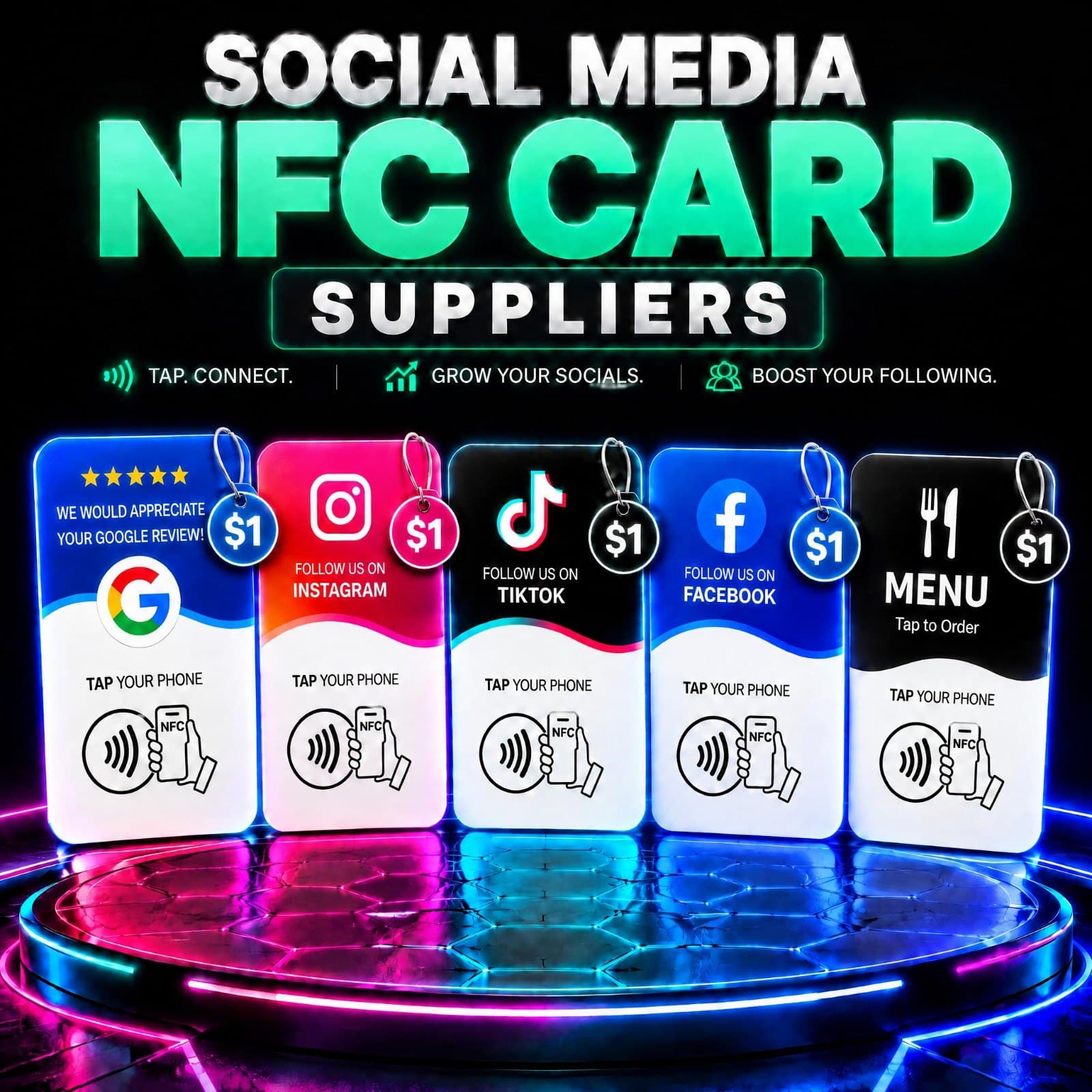 NFC card designs for Google Review, Instagram, TikTok, Facebook, and Menu suppliers lined up together