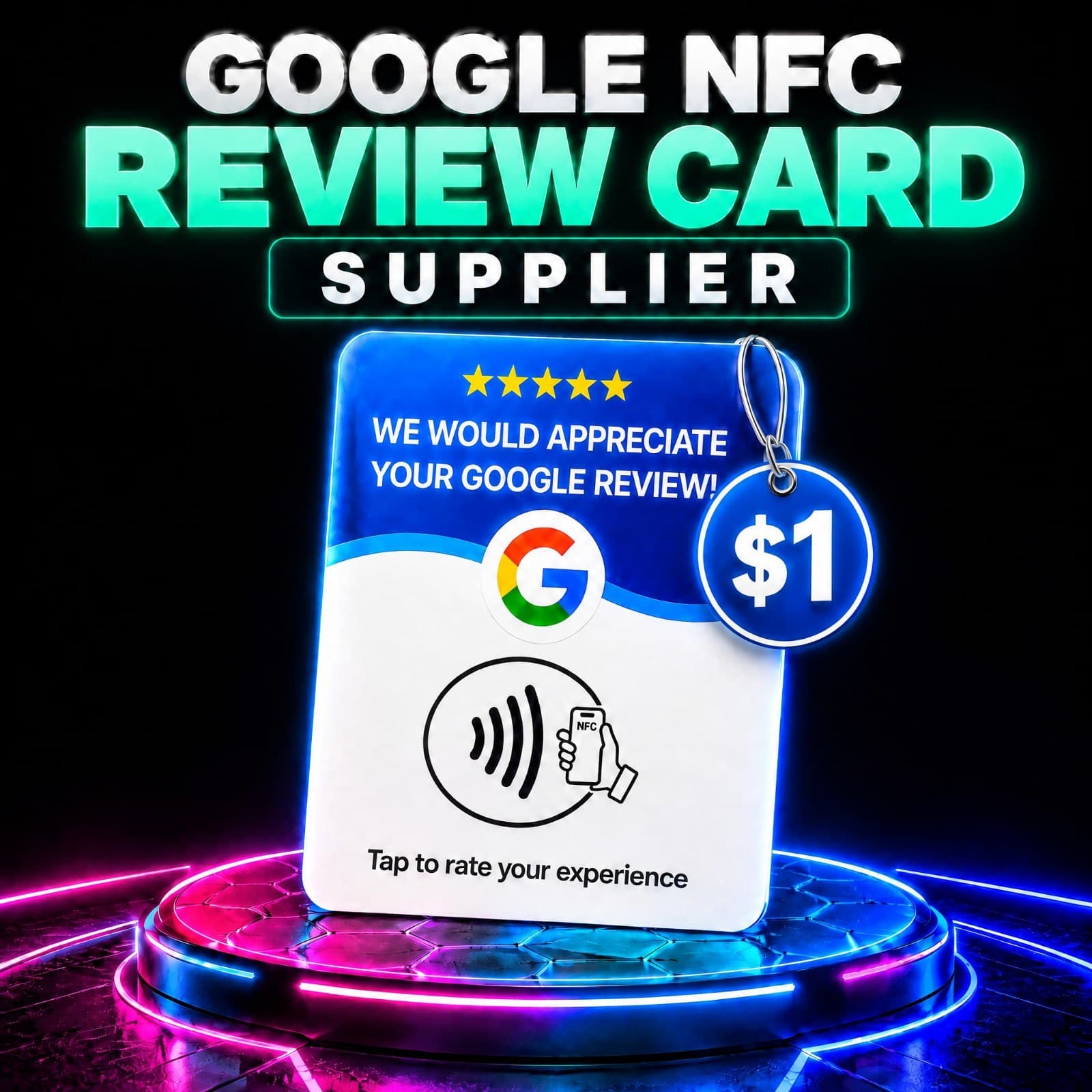 Google NFC Review Card Supplier — a blue NFC card reading “We would appreciate your Google review!” with a 5-star rating and the Google logo