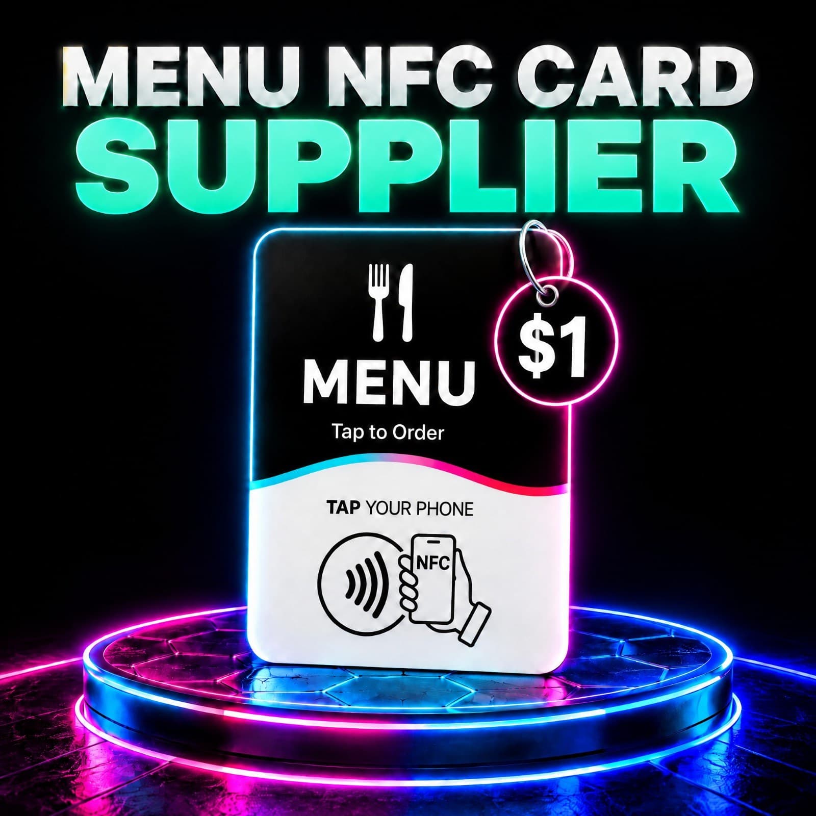 Menu NFC Card Supplier — a black NFC card reading “MENU — Tap to Order”